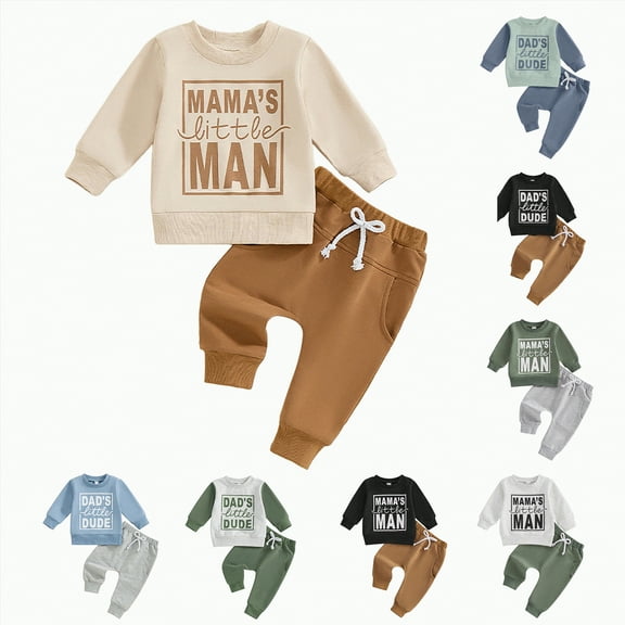 Towmus Toddler Baby Boy Fall Outfit Mama's Boy Letter Embroidery Sweatshirt Top Elastic Pants Set Cute 2pcs Winter Clothes, Khaki, 6-12M