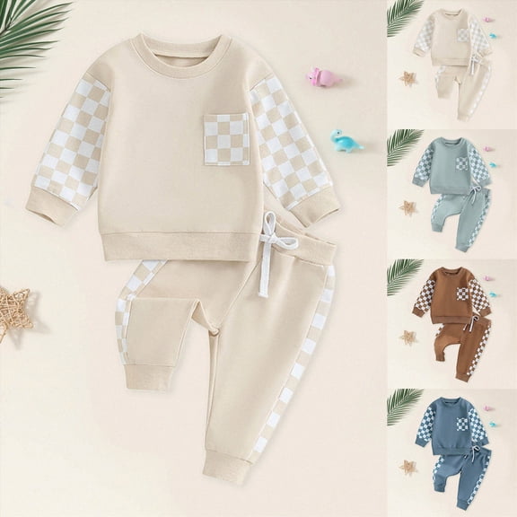 Towmus Toddler Baby Boy Fall Outfit Plaid Long Sleeve Sweatshirts Elastic Waist Pants Cute Newborn Clothes Set