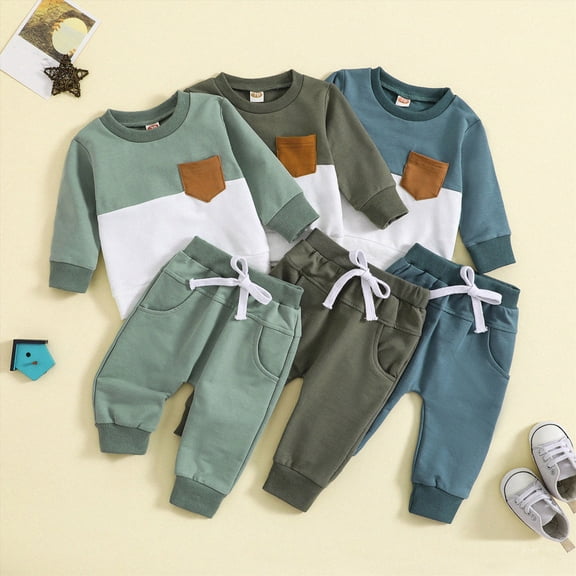 Towmus Toddler Baby Boy Fall Winter Clothes Color Block Long Sleeve Sweatshirt Pullover Tops   Joggers Pants Outfit Set