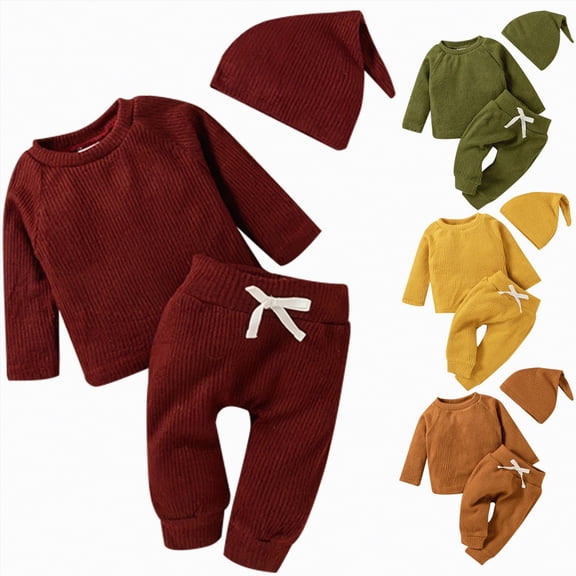 Towmus Toddler Baby Boy Fall Winter Clothes Corduroy Outfits Casual Solid Color Pullover Sweatshirt Tops Pants Hat 3Pcs Sets