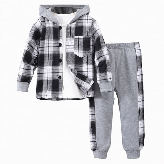 Towmus Toddler Boy Clothes Fall Winter Blouse Casual Flannel Shirt Tops Plaid Trendy Hoodie & Sweatpants Set 2Pcs Unisex Outfit 3~7 years