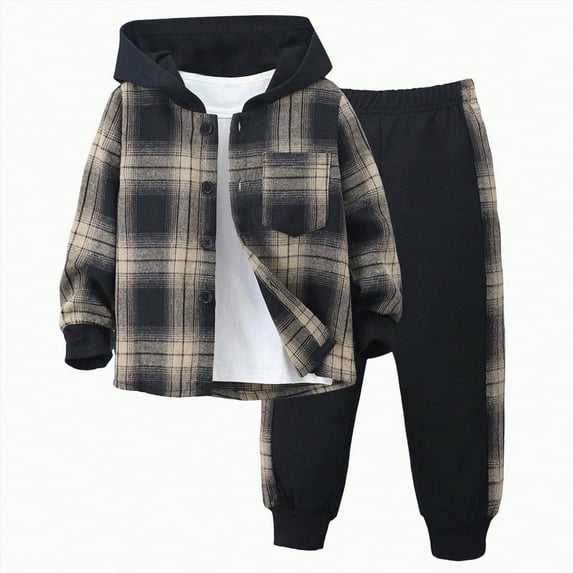 Towmus Toddler Boy Clothes Plaid Hooded Shirt - 2 Piece Outfit: Button Front Toddler Casual Hoodie & Sweatpants Set 3~7 years