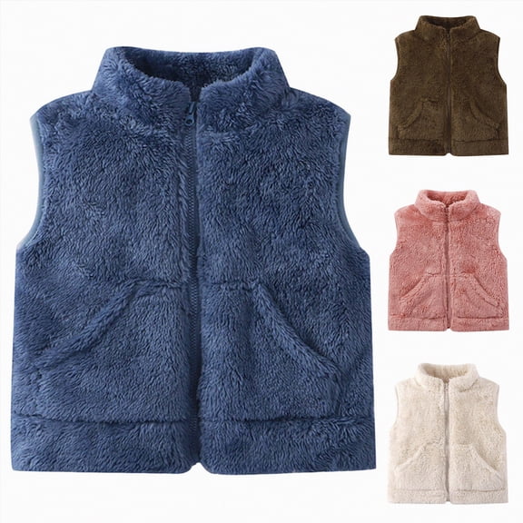 Towmus Toddler Boy Girl Fleece Vest Fuzzy Sleeveless Jacket Fall Winter Zip Stand Collar Coat with Pocket, Blue, 5-6 Years