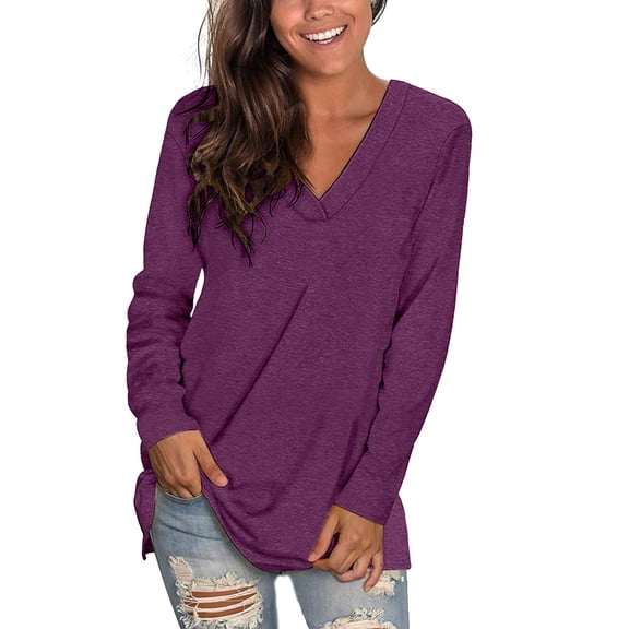 Towmus Tunic Tops for Women Long Sleeve Fall Tops V Neck Basic Shirts Solid Color T Shirt Loose Casual Fall Blouse Black Tees