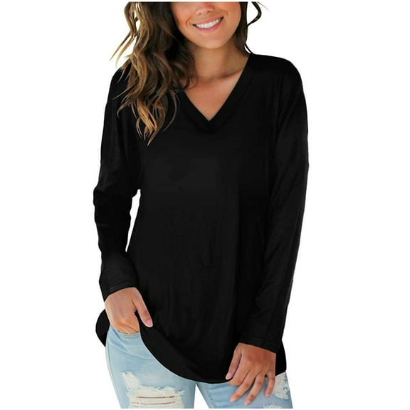 Towmus Tunic Tops for Women Long Sleeve Fall Tops V Neck Basic Shirts Solid Color T Shirt Loose Casual Fall Blouse Black Tees