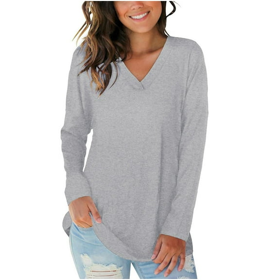 Towmus Tunic Tops for Women Long Sleeve Fall Tops V Neck Basic Shirts Solid Color T Shirt Loose Casual Fall Blouse Black Tees