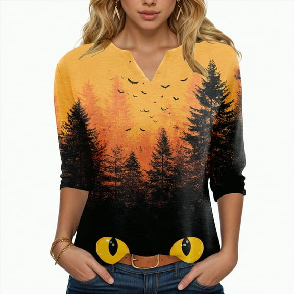 Towmus Tunics 3/4 Sleeve Plus Size Tops for Women Halloween Dress Shirts 3/4 Sleeve V Neck Flowy Ladies Clothes for Loose