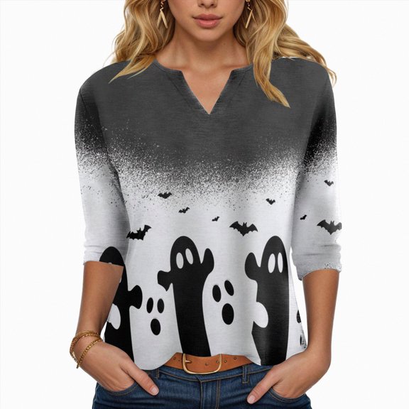 Towmus Tunics 3/4 Sleeve Plus Size Tops for Women Halloween Dress Shirts 3/4 Sleeve V Neck Flowy Ladies Clothes for Loose