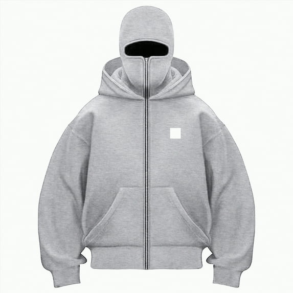 Towmus Unisex Balaclava Hoodies Zip up Hoodie Double Layer Hooded Hip Hop Outerwear Jacket Built-In Eye Mask Oversized Womens Sweatshirts, 2XL, Grey