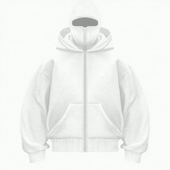 Towmus Unisex Balaclava Hoodies Zip up Hoodie Double Layer Hooded Hip Hop Outerwear Jacket Built-In Eye Mask Oversized Womens Sweatshirts, L, White