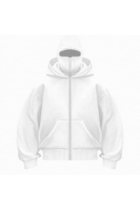 Unisex Balaclava Hoodies Zip up Hoodie Double Layer Hooded Hip Hop Outerwear Jacket Built-In Eye Mask Oversized Womens Sweatshirts, XL, White