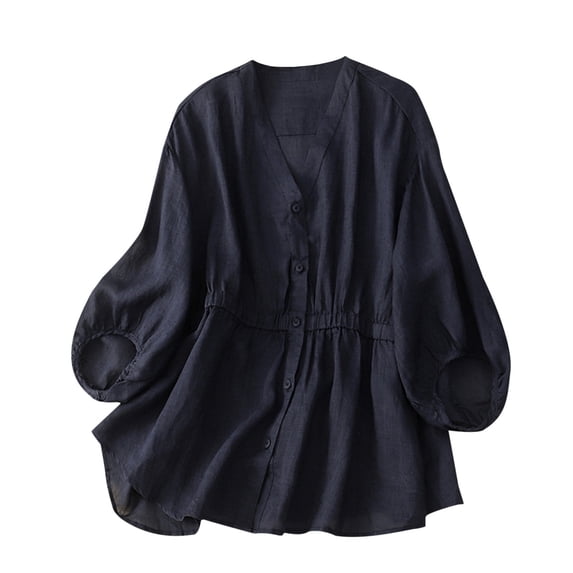 Towmus V Neck Linen Tshirts for Women Summer Fall 3/4 Sleeve Relaxed Fit Long Basic Tee Shirt Tops
