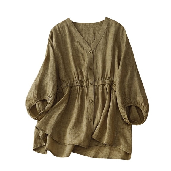 Towmus V Neck Linen Tshirts for Women Summer Fall 3/4 Sleeve Relaxed Fit Long Basic Tee Shirt Tops