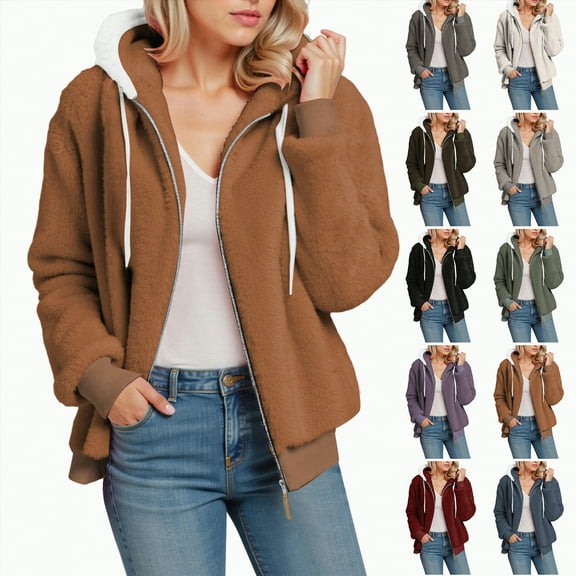 Towmus Winter Coats for Women Plus Size Fleece Zip Up Sweatshirts Warm Plush Hooded Lightweight Cardigan Jackets Sherpa Coats