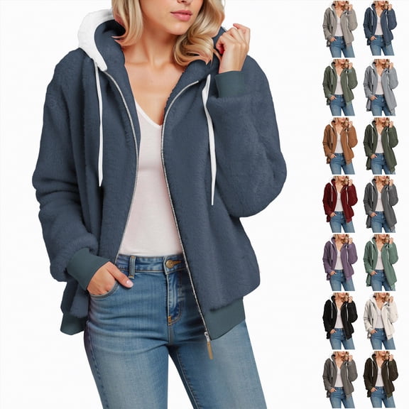 Towmus Winter Coats for Women Plus Size Fleece Zip Up Sweatshirts Warm Plush Hooded Lightweight Cardigan Jackets Sherpa Coats