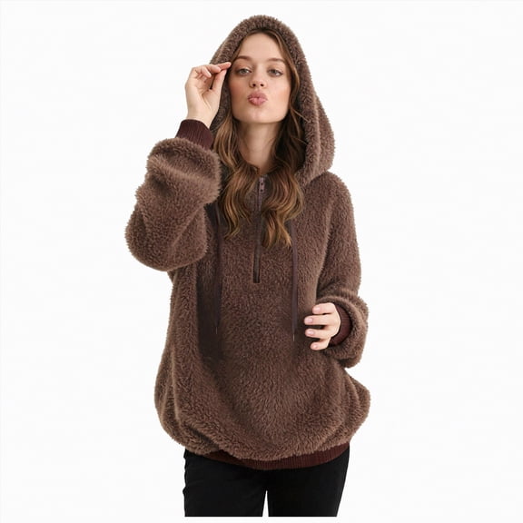 Towmus Winter Warm Fuzzy Teddy Bear Hoodie Women Plush Hooded Sweatshirts Half Zip Pullover Sweatshirt Oversized Winter Coats with Pockets
