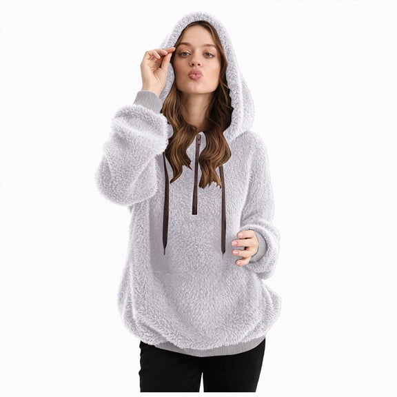 Towmus Winter Warm Fuzzy Teddy Bear Hoodie Women Plush Hooded Sweatshirts Half Zip Pullover Sweatshirt Oversized Winter Coats with Pockets