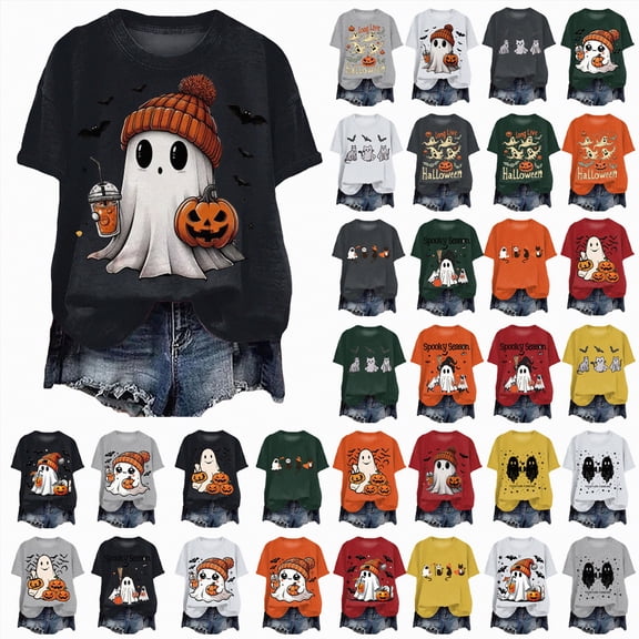 Towmus Woman Halloween Shirt Pumpkin Funny Family Party Celebration Short Sleeve T Shirts for Women Fall Graphic Tees Tops