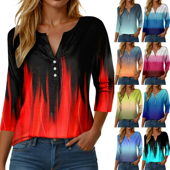 Towmus Women Blouses 3/4 Length Sleeve Button V Neck Summer Dresses for Women 2025 TShirt Under $6