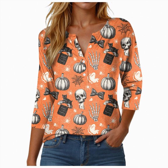 Towmus Women Blouses 3/4 Length Sleeve Halloween Button Down Women's Shirt Funny Ghost Cute Pumpkin Graphic Casual Summer Fall Tops