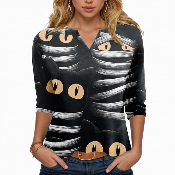 Towmus Women Blouses 3/4 Length Sleeve V Neck Shirts 2025 Halloween Fall Dresses for Women Tops Under $10