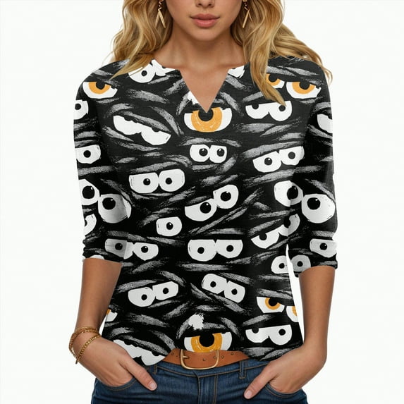 Towmus Women Blouses 3/4 Length Sleeve V Neck Shirts 2025 Halloween Fall Dresses for Women Tops Under $10