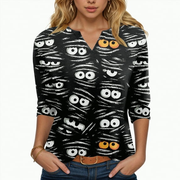 Towmus Women Blouses 3/4 Length Sleeve V Neck Shirts 2025 Halloween Fall Dresses for Women Tops Under $10