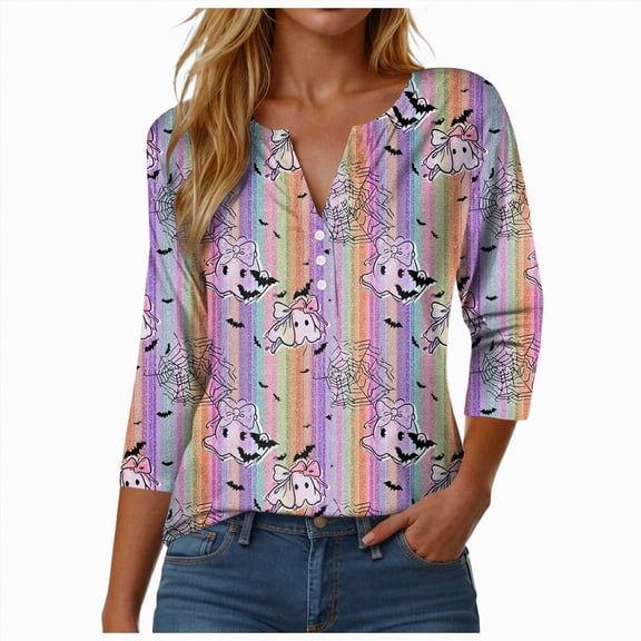 Towmus Women Blouses Button Up 3/4 Sleeve Tops Cute Halloween Print Shirts Fall Dresses for Girl Trip T-shirt Casual Tunic Tops