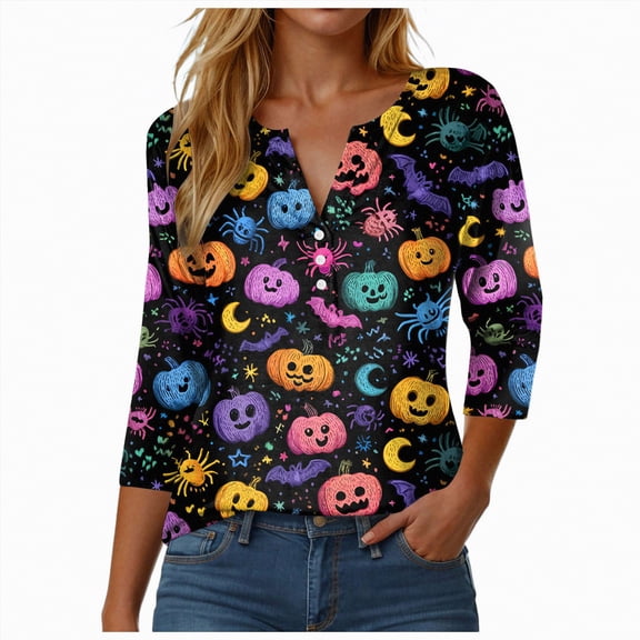 Towmus Women Blouses Button Up 3/4 Sleeve Tops Cute Halloween Print Shirts Fall Dresses for Girl Trip T-shirt Casual Tunic Tops
