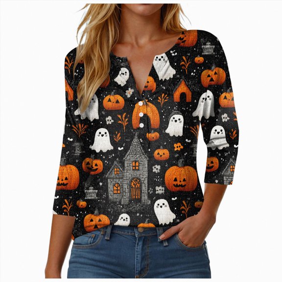 Towmus Women Blouses Button Up 3/4 Sleeve Tops Cute Halloween Print Shirts Fall Dresses for Girl Trip T-shirt Casual Tunic Tops