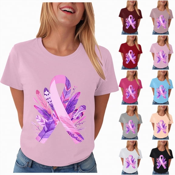 Towmus Women Breast Cancer T Shirts Short Sleeve Crew Neck Tshirts Ribbon Graphic Tees Cancers Awareness Shirts Gifts for Blouse Survivor