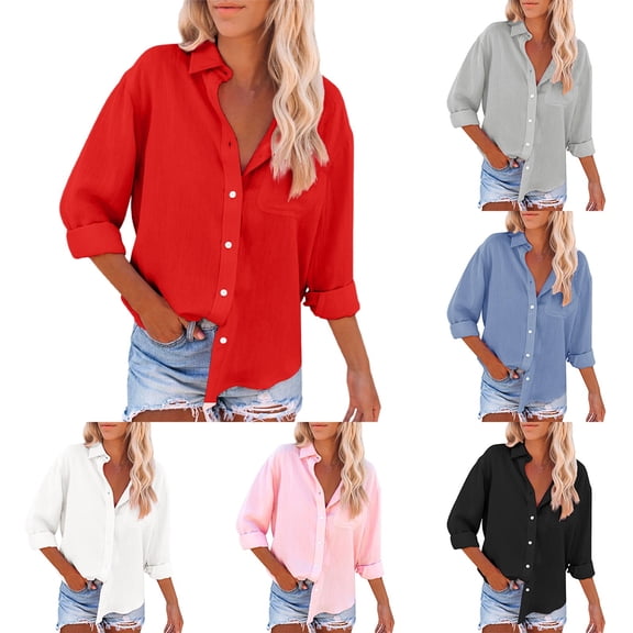 Towmus Women Button Down Shirts Summer Casual Long Sleeve Tshirts Collared Loose Tops Trendy Soild Color Blouses for Women Clothing Red S-2XL