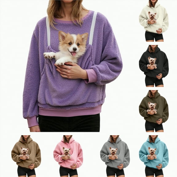 Towmus Women Cat Pouch Hoodie Long Sleeve Kitten Puppy Holder Hoodies Front Large Pouch Pet Carrier Sweatshirt,Purple,L