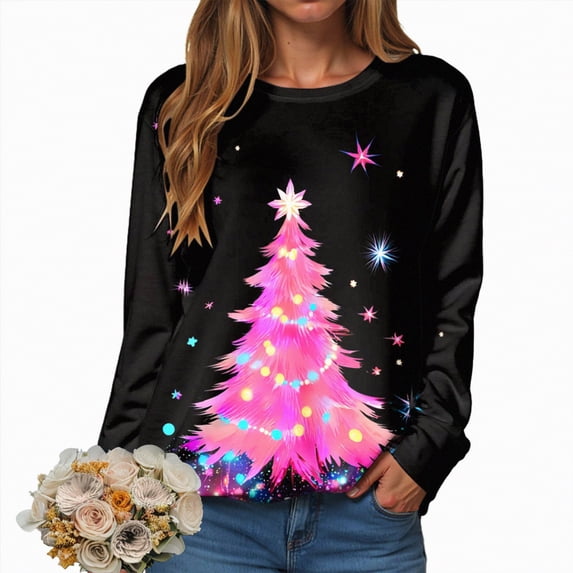 Towmus Women Christmas Sweatshirts Casual Long Sleeve Crewneck Lightweight Pullover Tops Xmas Tree Graphic Sweatshirt