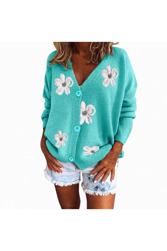 Women Flower Print Single- Long Sleeve Knitwear Cardigan Winter V-neck Pullover Cute Cardigan Sweaters