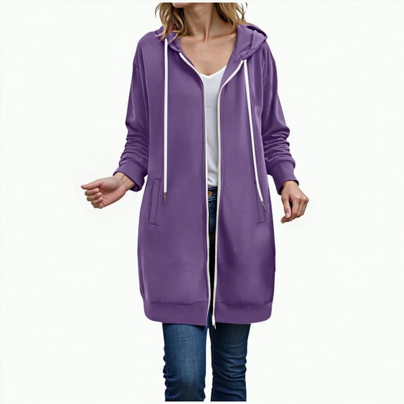 Towmus Women Full Zip Up Hoodie Plain Hoodies for Womens Casual Fleece Knee Length Tunic Sweatshirts Fall Winter Jackets Tops with Pockets