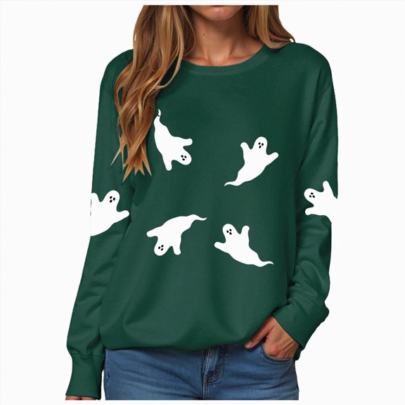Towmus Women Halloween Sweatshirt Solid Color Ghost Shirts Graphic Casual Sweater Crewneck Fall Pullover Tops