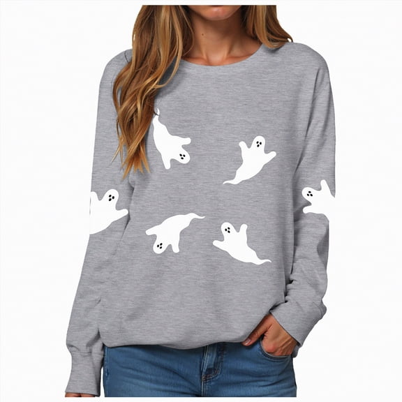 Towmus Women Halloween Sweatshirt Solid Color Ghost Shirts Graphic Casual Sweater Crewneck Fall Pullover Tops