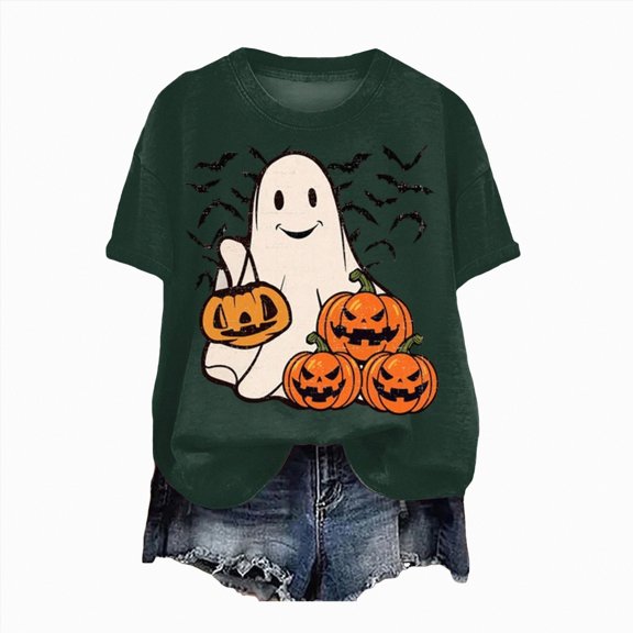 Towmus Women Halloween T-Shirt Cute Ghost Fall Pumpkin Shirts Casual Graphic Tees Short Sleeve Tops
