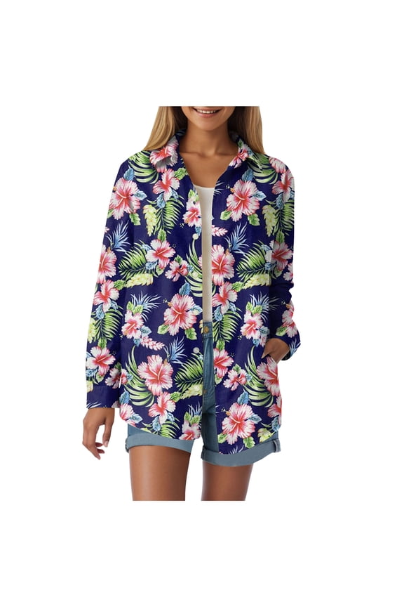 Women Hawaiian Shirts Oversized Floral Printed Lapel Neck Button Down Long Sleeve Fall Tunic Tops Casual Cardigan Shirt