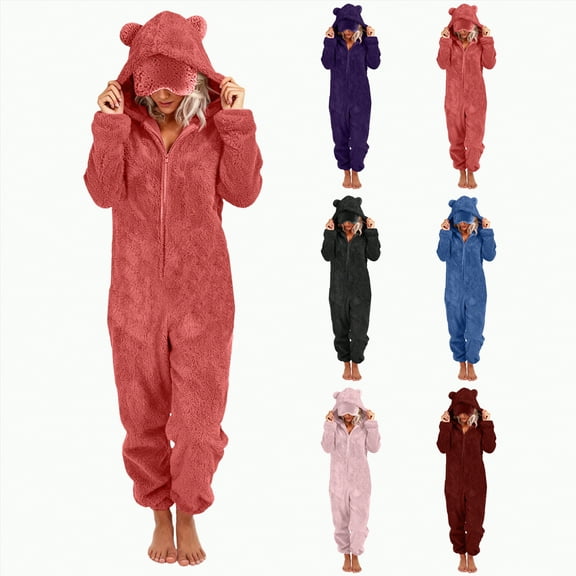 Towmus Women Onesies Fluffy Fleece Jumpsuits Sleepwear, Built-In Eye Mask, Plus Size Zip Up Hooded Sets Winter Warm Pajamas