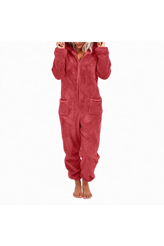 Women Onesies Fluffy Fleece Jumpsuits Sleepwear Plus Size Hooded Sets Pajamas Adult Winter Warm Pajamas Homewear Christmas with Pockets