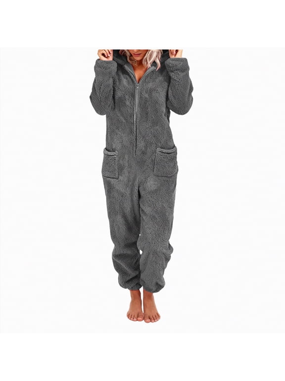 Women Onesies Fluffy Fleece Jumpsuits Sleepwear Plus Size Hooded Sets Pajamas Adult Winter Warm Pajamas Homewear Christmas with Pockets