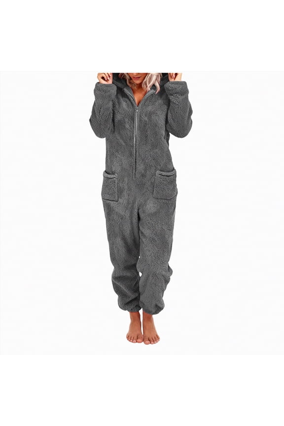 Women Onesies Fluffy Fleece Jumpsuits Sleepwear Plus Size Hooded Sets Pajamas Adult Winter Warm Pajamas Homewear Christmas with Pockets