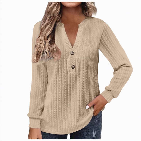 Towmus Women Ribbed Knit Tops Dressy Long Sleeve Shirts Fall Lightweight Sweatshirt, Khaki, M