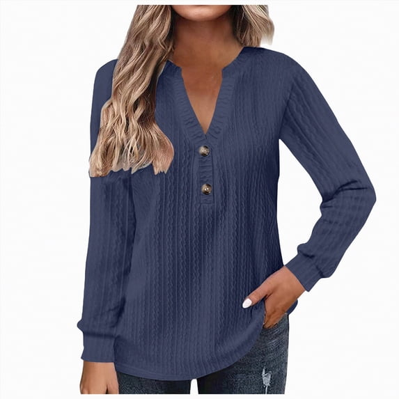 Towmus Women Ribbed Knit Tops Dressy Long Sleeve Shirts Fall Lightweight Sweatshirt, Navy, M