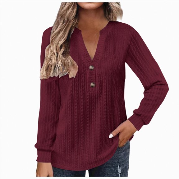 Towmus Women Ribbed Knit Tops Dressy Long Sleeve Shirts Fall Lightweight Sweatshirt, Wine, M