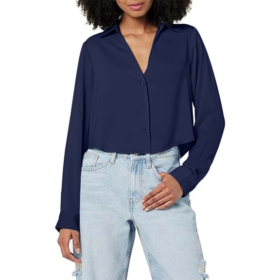 Towmus Women Satin Blouse Long Sleeves Cropped Button Down Shirts Lapel Loose Blouse Business Casual Work Tops