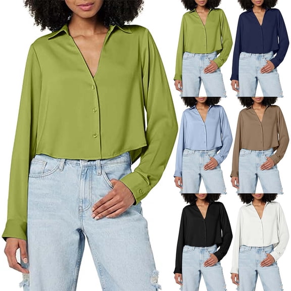 Towmus Women Satin Blouse Long Sleeves Cropped Button Down Shirts Lapel Loose Blouse Business Casual Work Tops