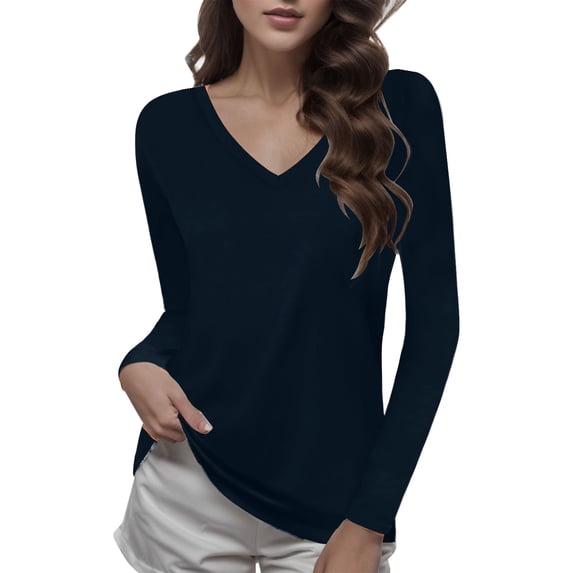 Towmus Women Shirts V Neck Short Ladies Long Sleeve Tee Shirts Basic Tops